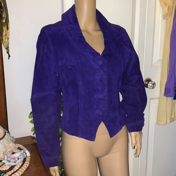 New Wave retro Vintage 80s purple genuine suede leather jacket size S M - Picture 10 of 13